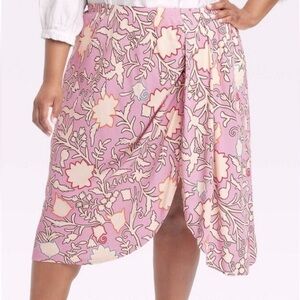 Knox Rose - Women's Drapey A-Line Faux Wrap Mid Skirt - Pink Floral Print